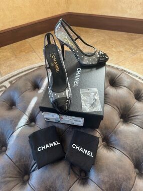 CHANEL Black Clear Polka Dot Slingback Patent Toe Heels